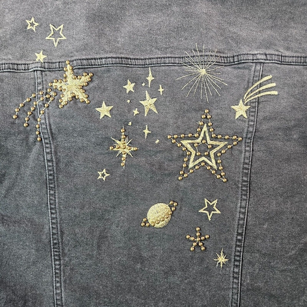 $178 NWT Driftwood Denim Jacket Women Small Studded  Gold Star Embroidered Black